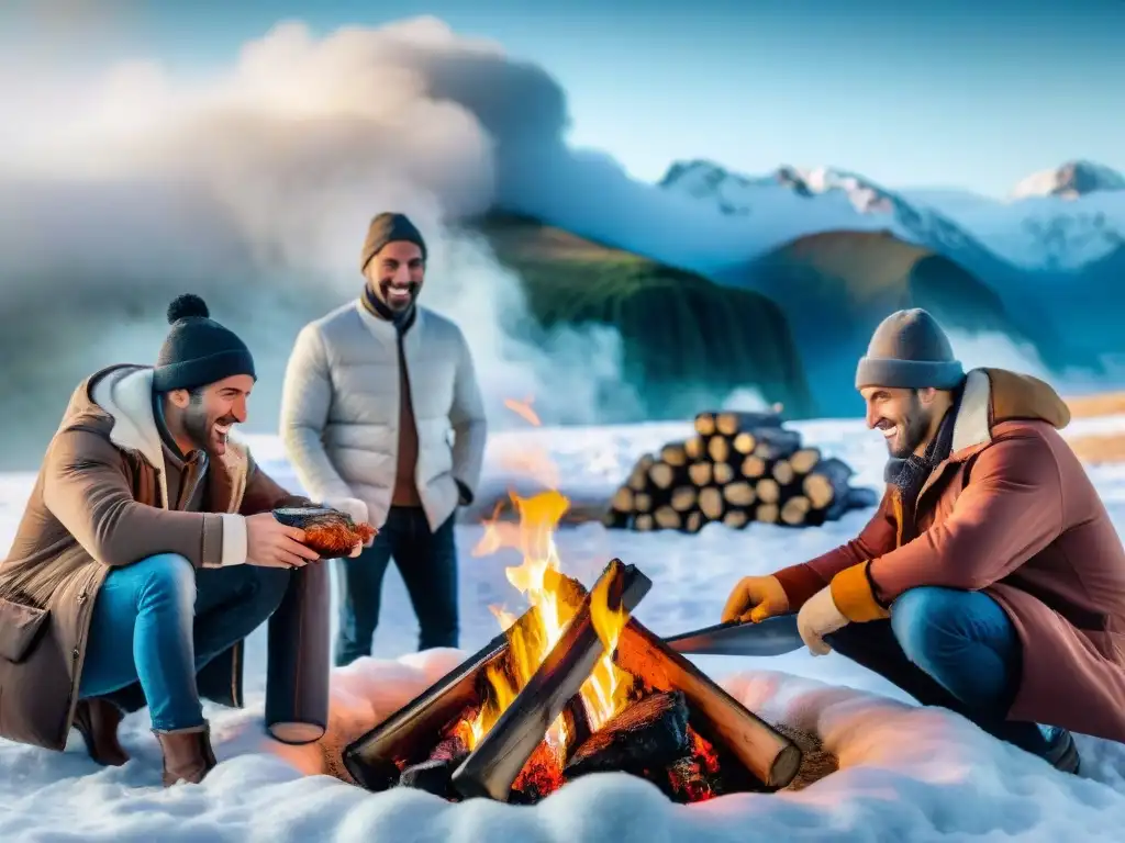 Amigos disfrutan de una parrillada en la nieve uruguaya, creando un ambiente cálido y de camaradería