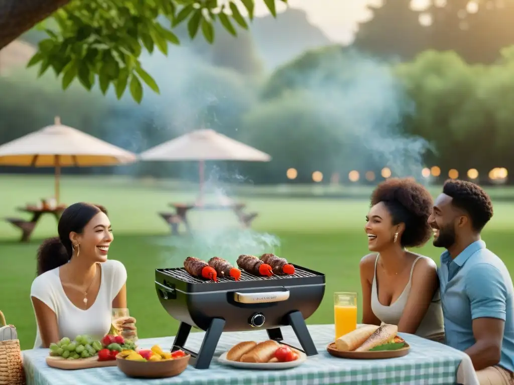 Amigos disfrutan de picnic con parrillas portátiles de calidad en parque verde al atardecer