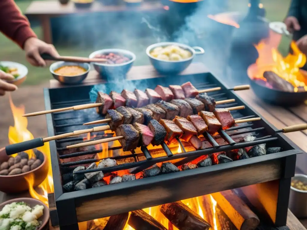 Amigos disfrutan de un punto perfecto asado uruguayo alrededor de una parrilla con carne jugosa y ahumada, mientras el sol se pone en el horizonte