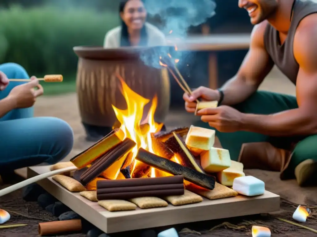 Amigos disfrutan de s'mores estilo uruguayo junto a fogata en patio acogedor