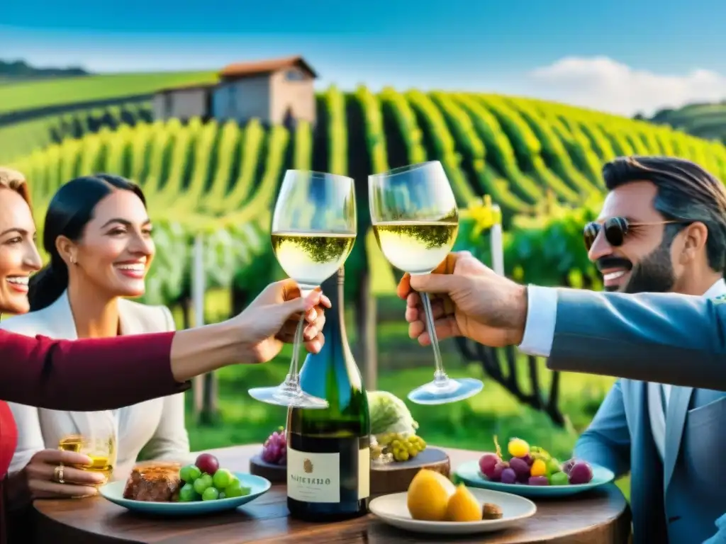 Amigos brindando con vinos espumosos en un asado uruguayo en viñedo pintoresco