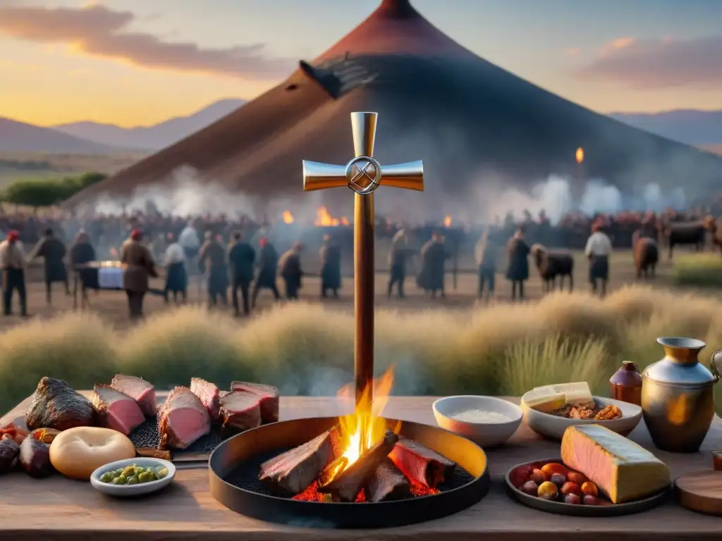 Asado al asador: Tradición gaucha en las pampas Un ancestral asado al asador en las pampas al atardecer con gauchos y cordero
