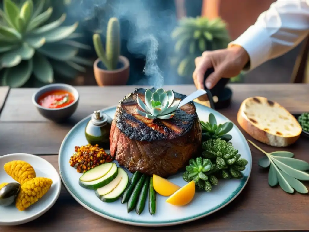 Un festín ancestral: Asado de Tira en mesa de madera rústica al aire libre, con chimichurri y vegetales a la parrilla