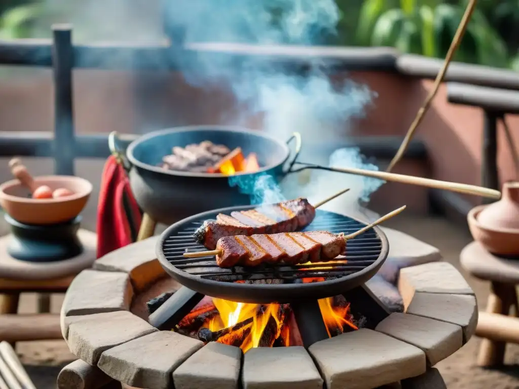 Celebración ancestral de parrillada uruguaya precolombina con indígenas asando carne sobre fuego al aire libre