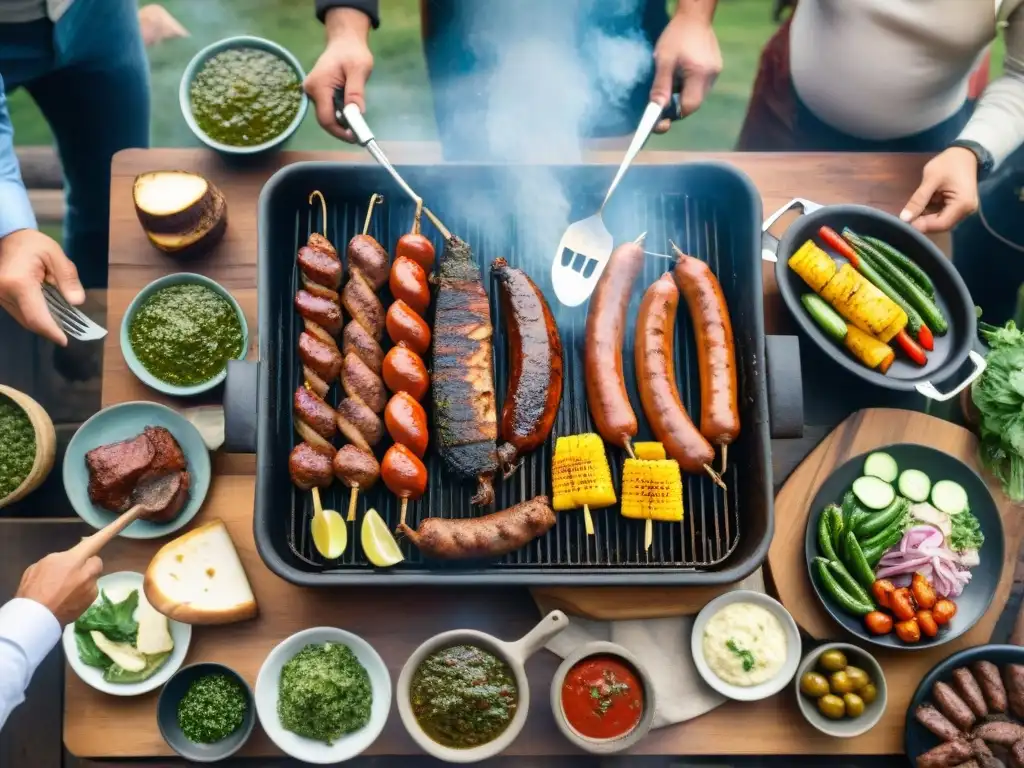 Reunión de Asado Uruguayo: Sabor y Amistad al Aire Libre Celebración animada de un asado uruguayo con amigos y familia alrededor de una parrilla humeante
