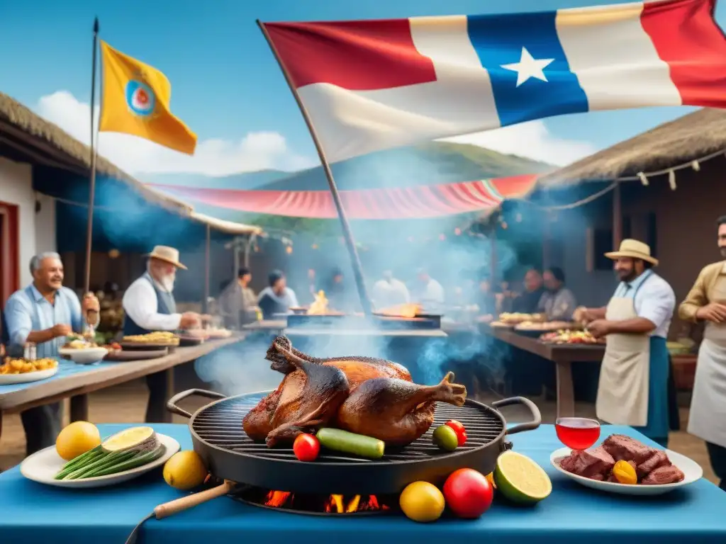 Celebración animada en un asado uruguayo con comidas tradicionales y banderas coloridas