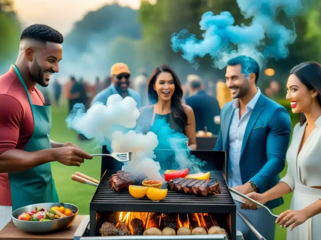 Animada fiesta al aire libre con parrilla humeante, comida deliciosa y risas