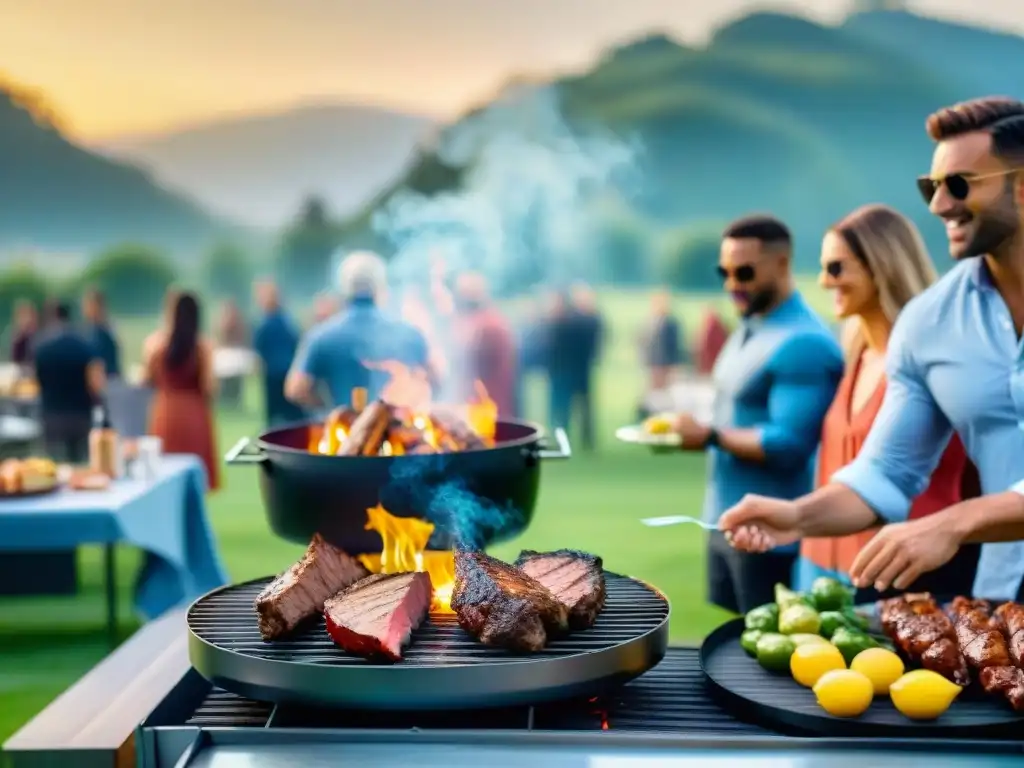 Una animada parrillada al aire libre para un gran grupo de personas, con múltiples parrillas, comida y una puesta de sol pintoresca