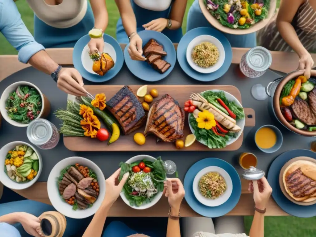 Un animado asado solidario marca: mesa larga con flores, carnes a la parrilla, ensaladas y vegetales, grupo variado disfrutando bajo el sol