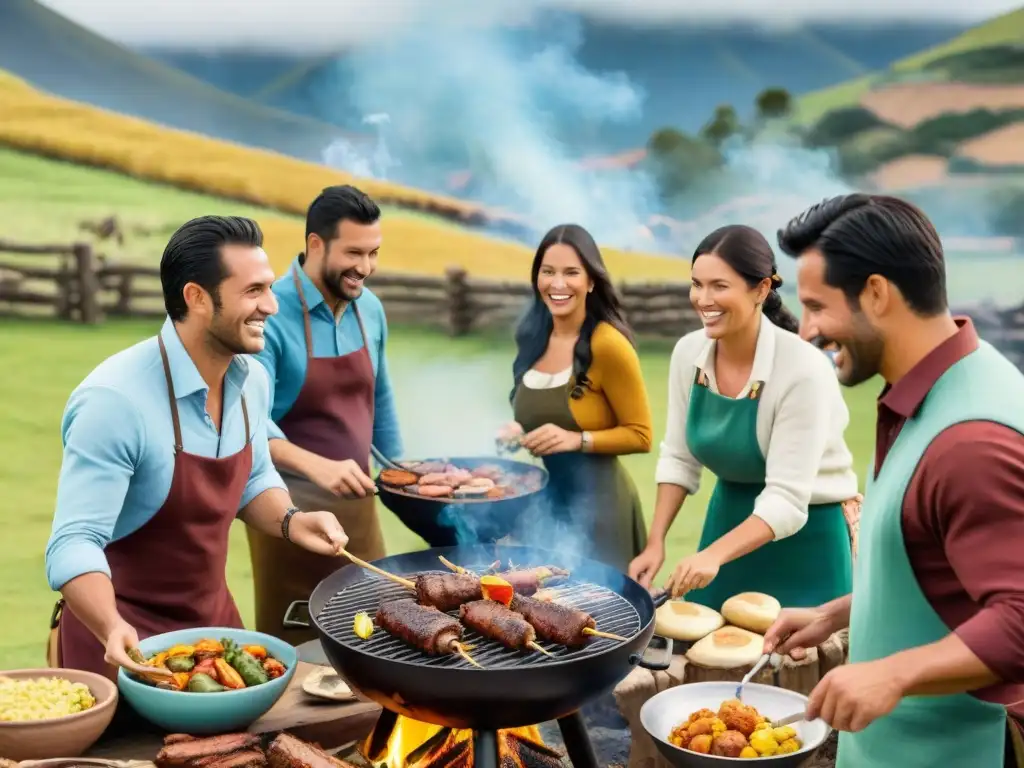 Un animado asado uruguayo al aire libre con amigos, familia, decoraciones coloridas y un ambiente cálido