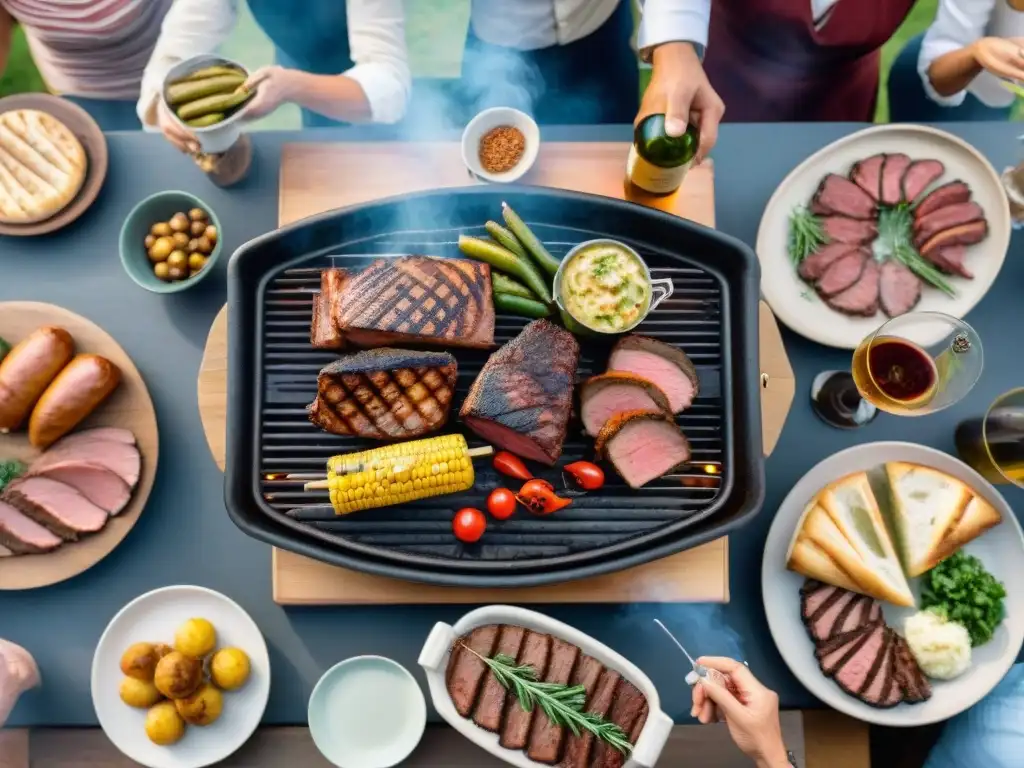Animado asado uruguayo con influencia europea en maridajes, comensales disfrutan de la comida al aire libre