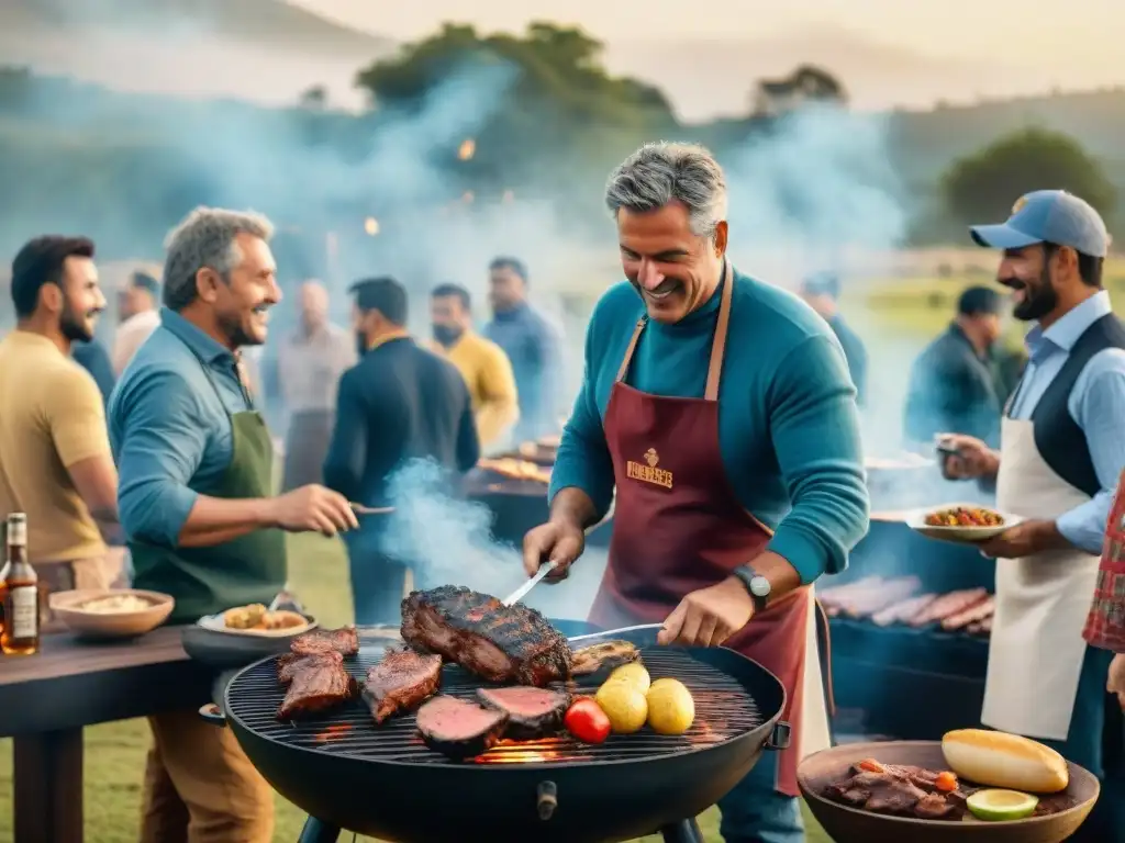 Animado asado uruguayo con patrocinios en evento al aire libre, personas felices y comida deliciosa