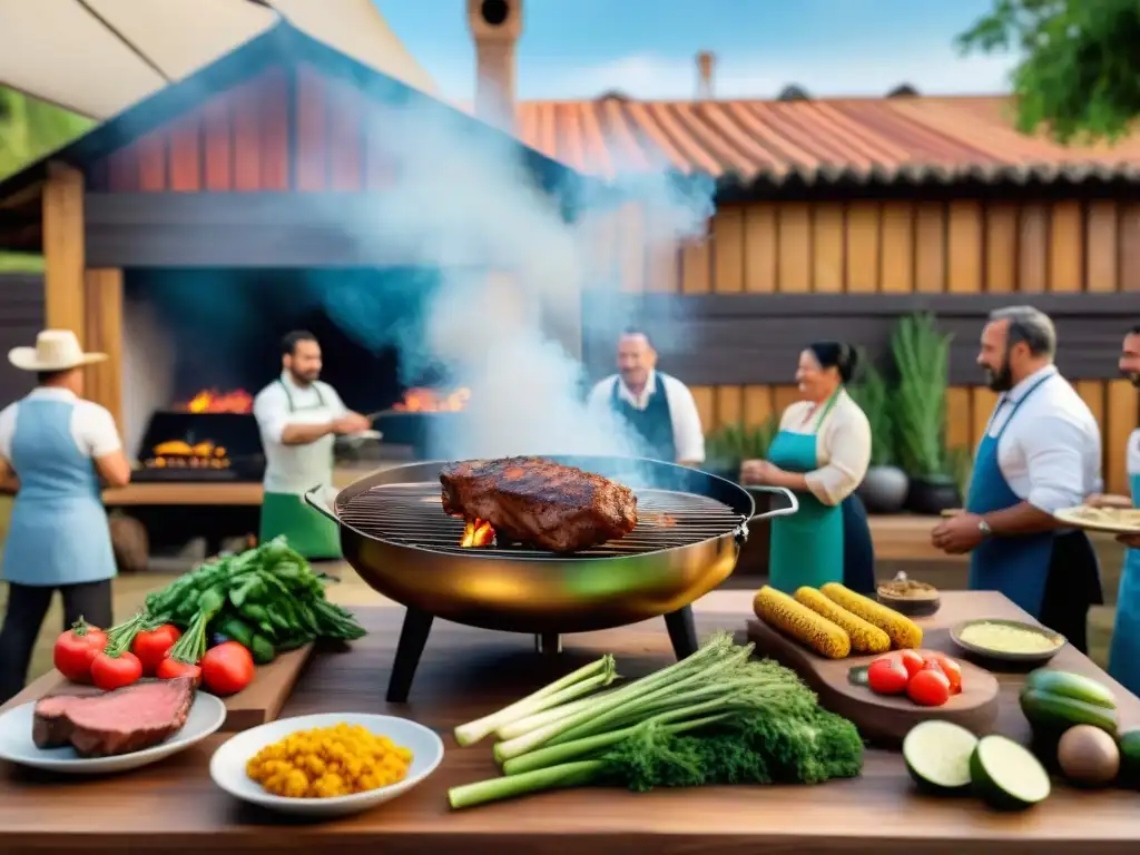 Un animado asado uruguayo sostenible con carne responsable y vegetales frescos, en un ambiente comunitario y soleado