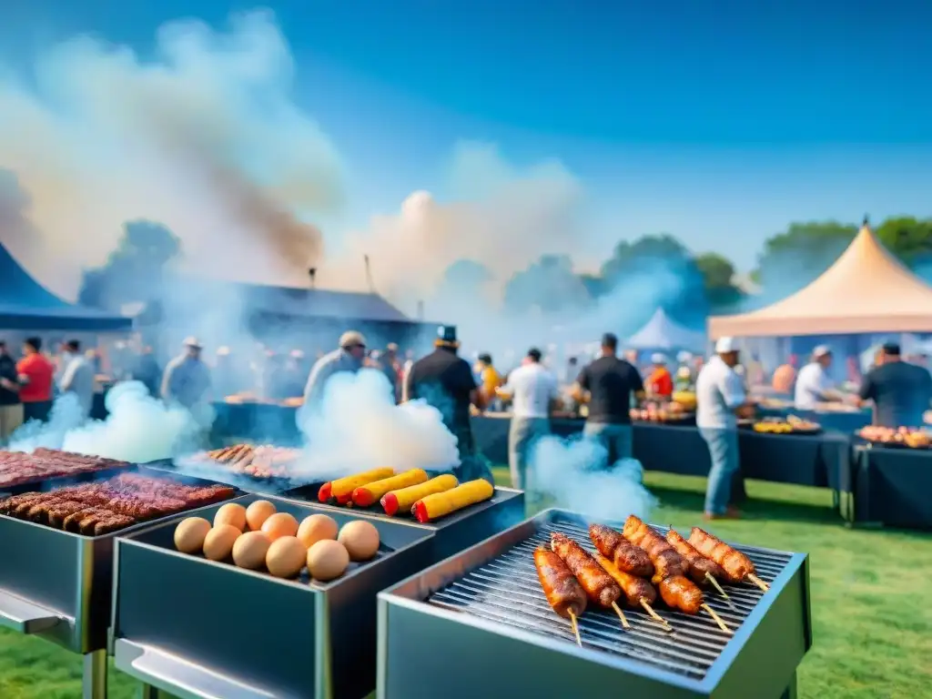 Un animado concurso de asado al aire libre con equipos cocinando, jueces probando platos y espectadores disfrutando bajo un cielo azul