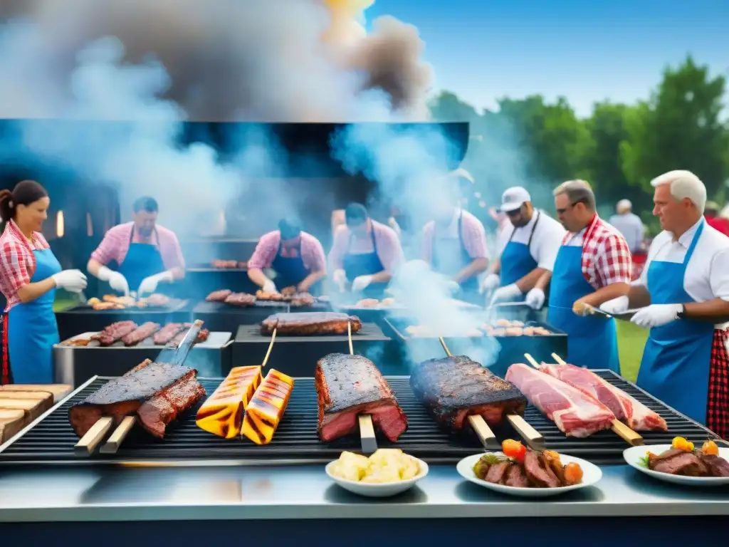 Un animado concurso de asado al aire libre con equipos de chefs, jueces y espectadores en un vibrante ambiente festivo