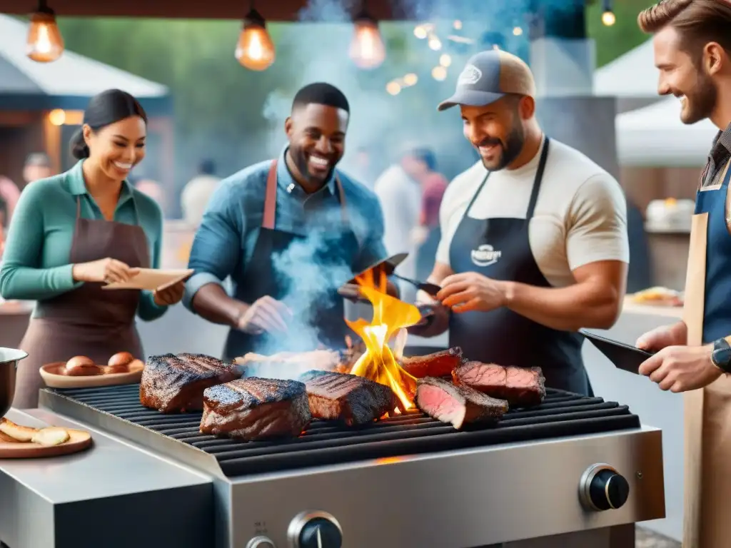 Un animado curso presencial ciencia del asado al aire libre con gente alrededor de una parrilla gigante, aprendiendo y disfrutando juntos