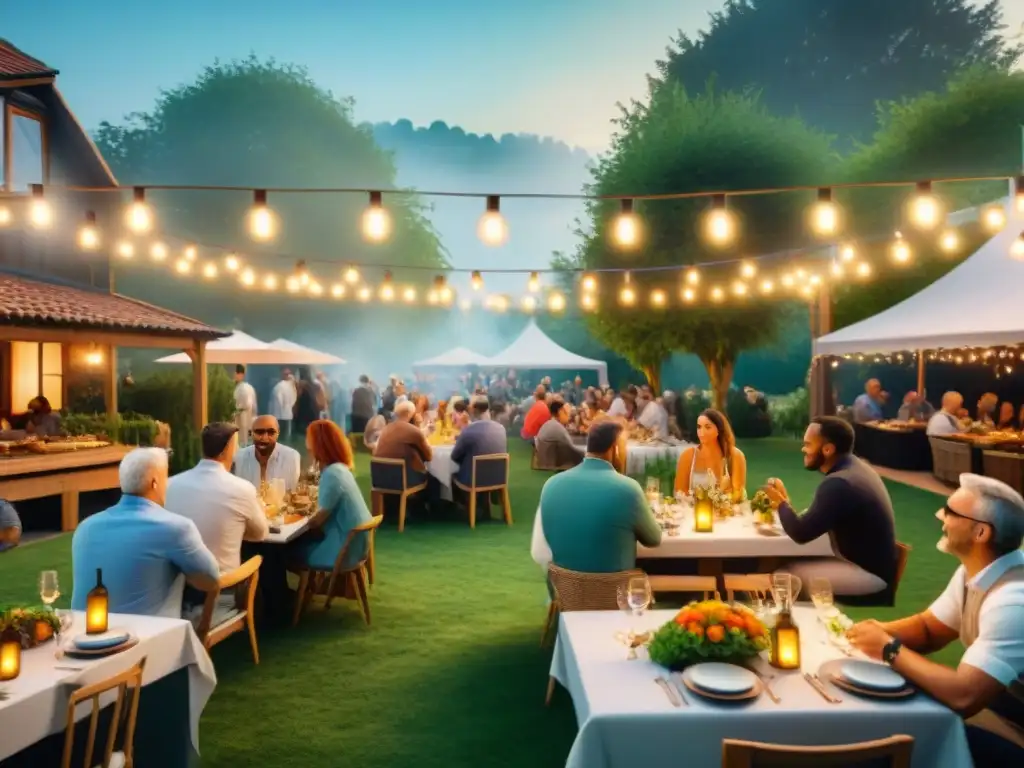 Un animado evento de barbacoa al aire libre con diversidad de personas disfrutando de comida a la parrilla bajo luces en un jardín exuberante