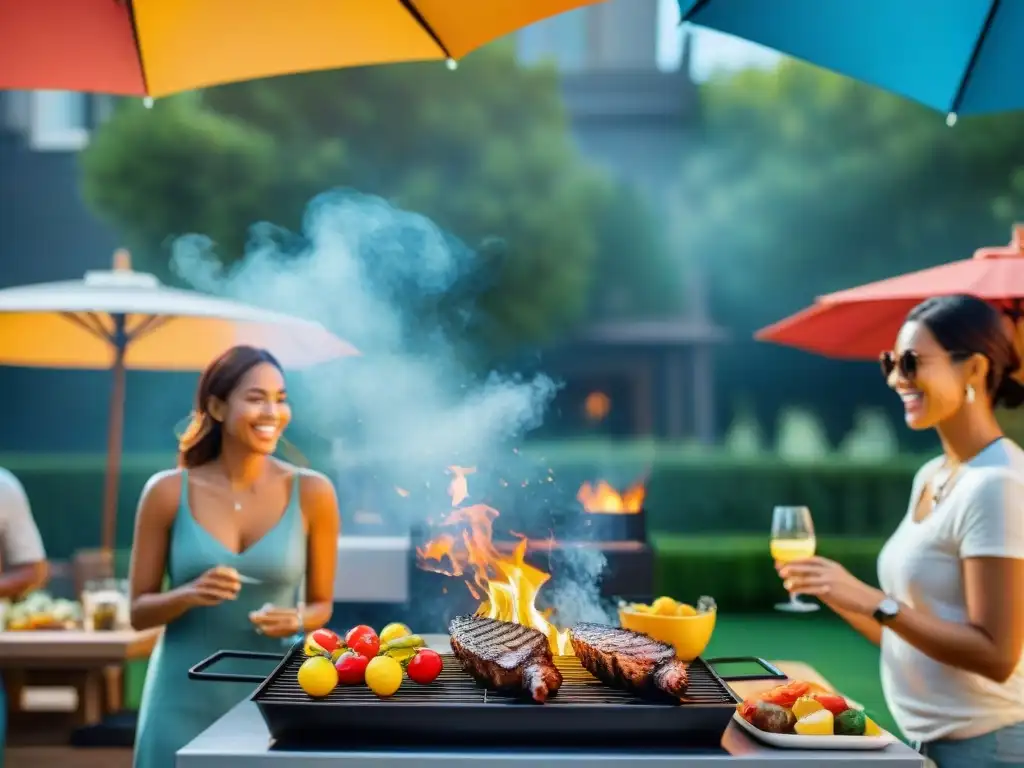 Un animado evento de barbacoa al aire libre, con diversidad, coloridos paraguas y comida a la parrilla bajo un cielo soleado