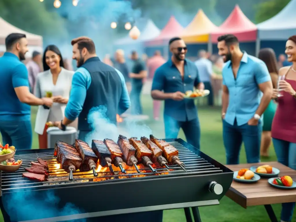 Un animado evento de asado al aire libre con psicología de marcas, gente diversa disfrutando alrededor de una parrilla llena de carne