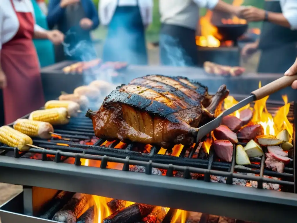 Un animado evento de asado en Uruguay, con un asador al aire libre repleto de cortes de carne y personas felices disfrutando la fiesta bajo el cielo abierto