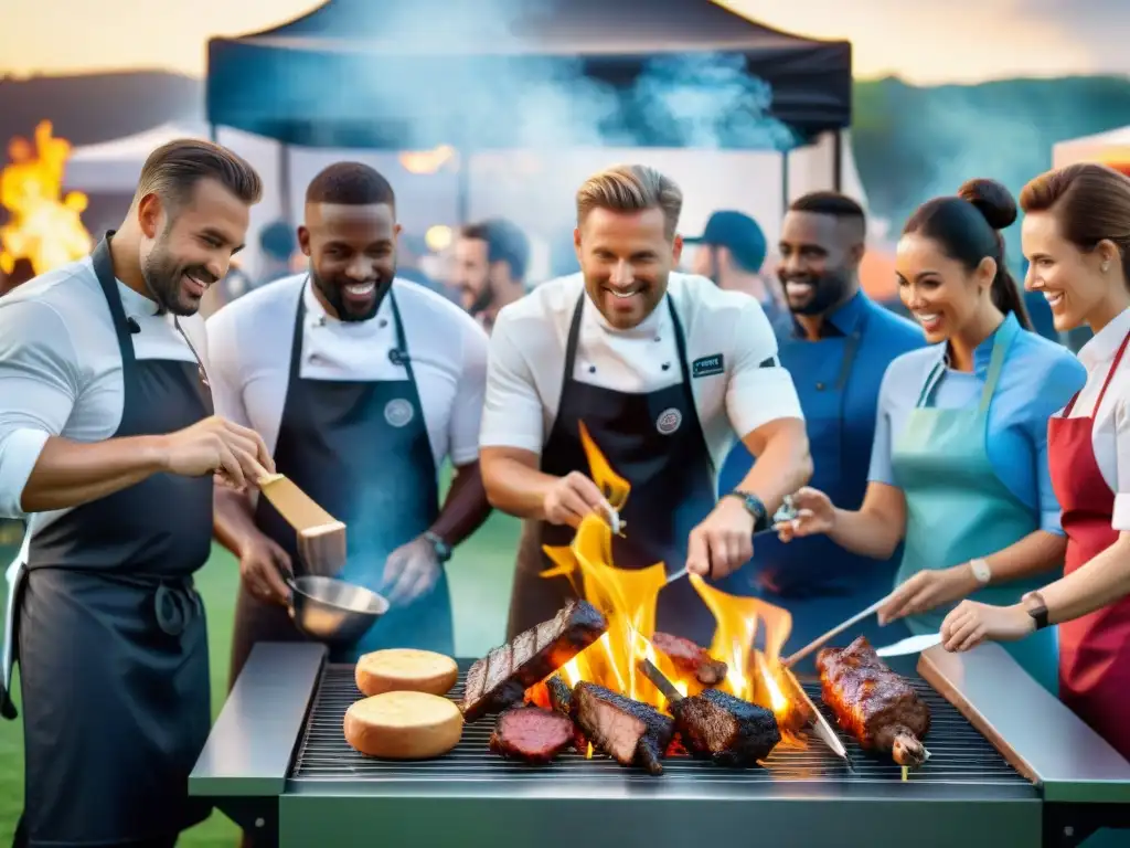 Un animado evento de asado con chefs, marketers y planificadores rodeando la parrilla