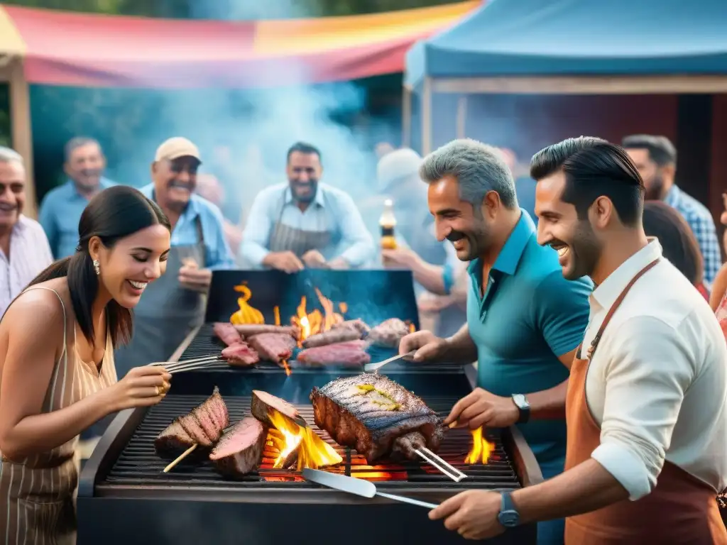 Un animado evento de asado comunitario en Uruguay con gente disfrutando de la parrilla