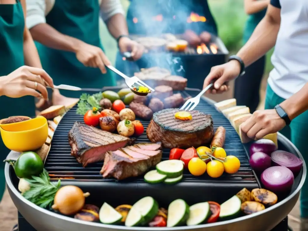 Un animado evento de asado con culturas gastronómicas diversas, donde se preparan y comparten platos deliciosos