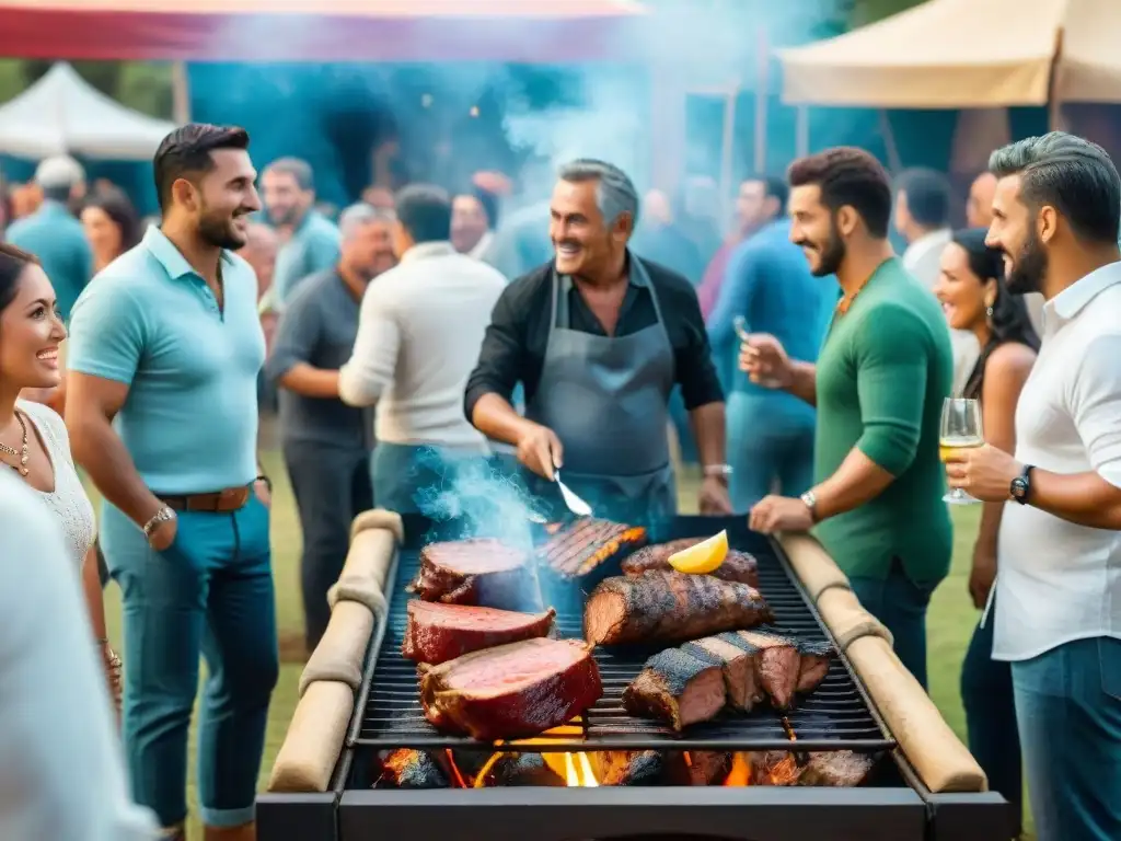 Un animado evento asado en Uruguay con diversidad de personas disfrutando de la comida y la compañía