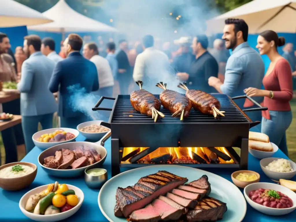 Un animado evento de asado en Uruguay con marcas integradas sutilmente en una escena tradicional y moderna