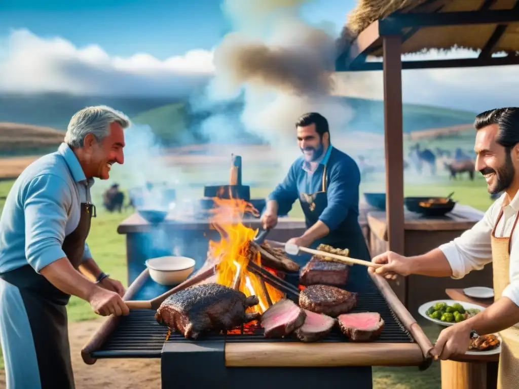 Un animado evento de asado en Uruguay: gauchos, parrilla, guests y paisaje campestre