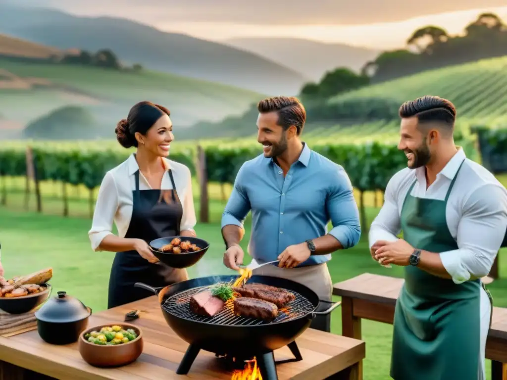 Un animado evento de asado uruguayo empresarial al aire libre, donde profesionales disfrutan de una comida tradicional en armonía y camaradería