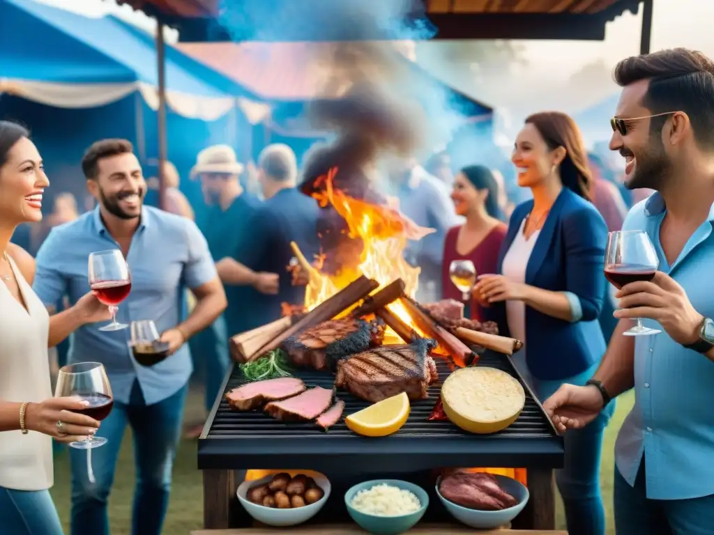 Animado evento de asado uruguayo: parrilla con carne, gente riendo y brindando en un ambiente festivo con alto ROI