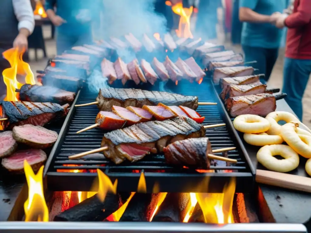 Animado evento cultural en parrillada uruguaya: carnes, música, risas y decoración vibrante