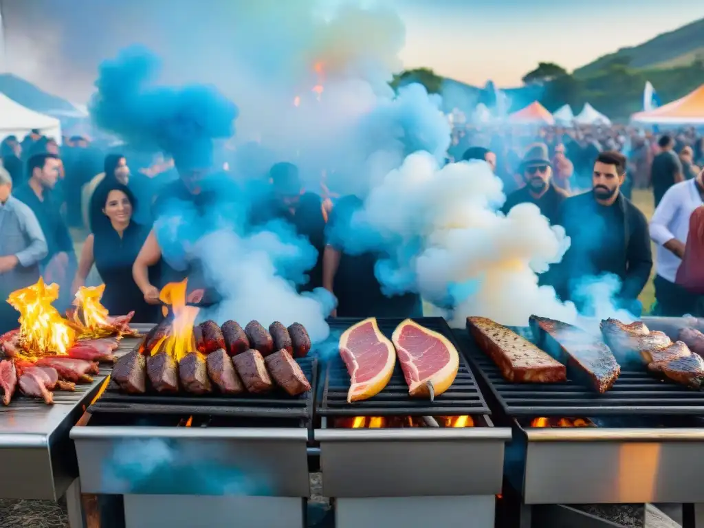 Animado festival al aire libre en Uruguay con gente diversa disfrutando de un asado