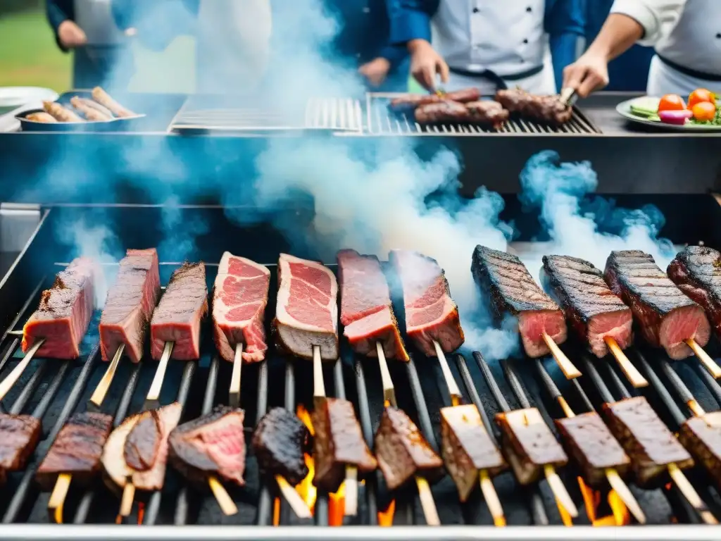 Animado festival al aire libre en Uruguay con parrillas cargadas de carne premium uruguaya, chefs cocinando y asistentes felices