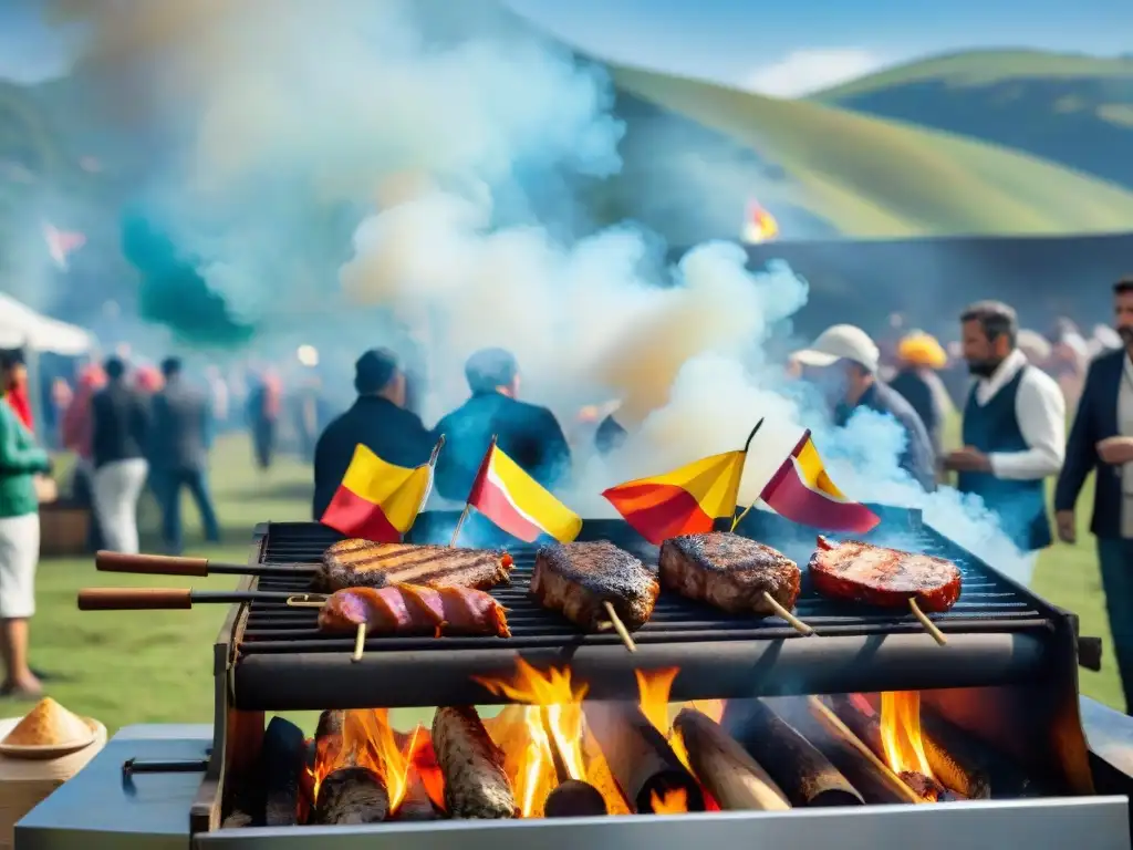 Animado festival gastronómico de asado uruguayo al aire libre con puestos coloridos y gente disfrutando, bajo el cielo azul