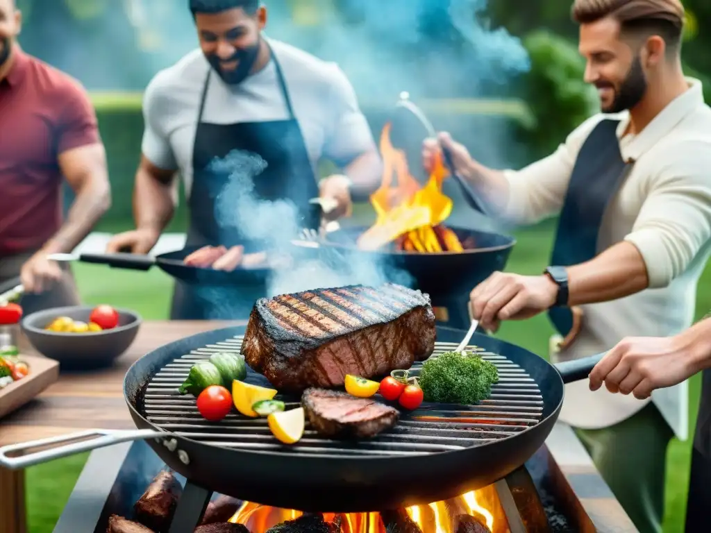 Un animado grupo de aficionados a la parrilla en un evento de asado y maridaje, cocinando jugosos filetes y vegetales