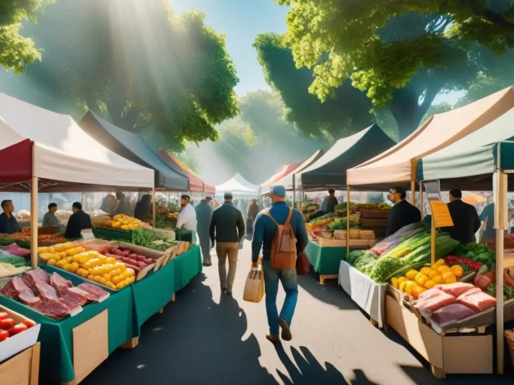 Un animado mercado de agricultores lleno de coloridas paradas y productos frescos