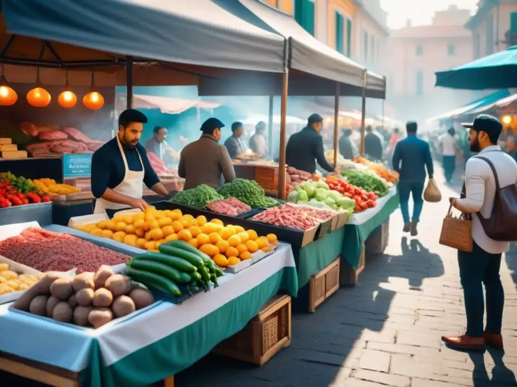 Animado mercado al aire libre con frutas frescas, verduras, carne magra para asado saludable