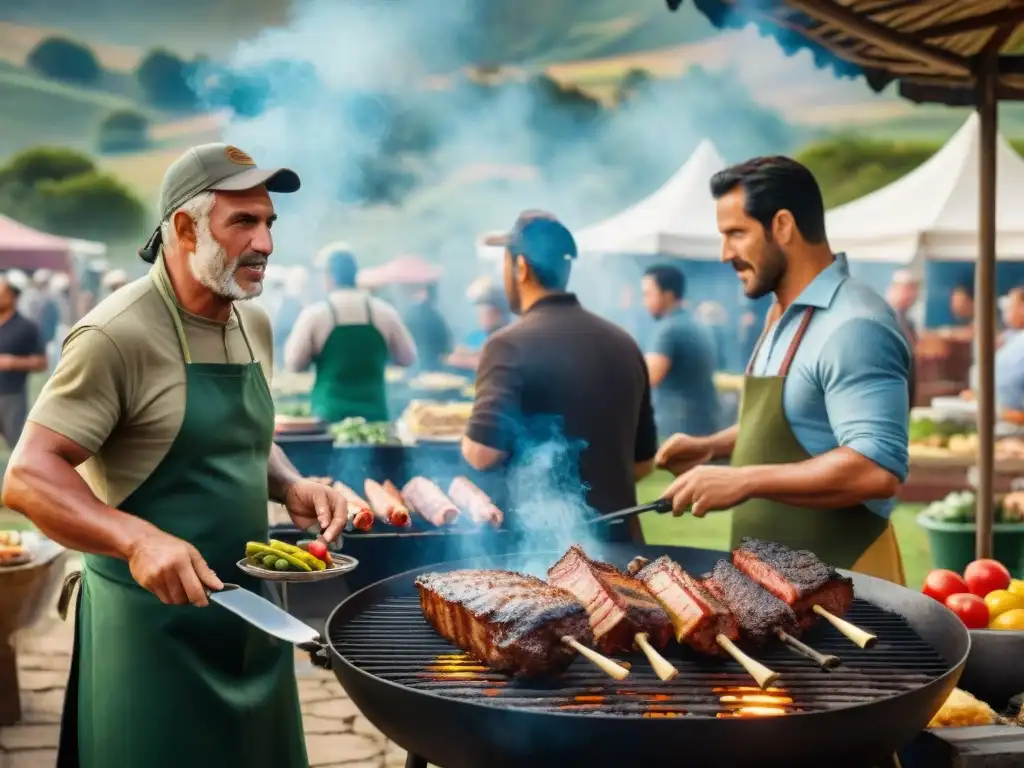 Animado mercado al aire libre en Uruguay con un asado tradicional