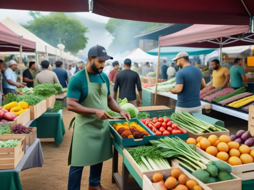 Un animado mercado agrícola con productos frescos y coloridos, donde se disfruta de un asado sostenible en parrilla comunitaria