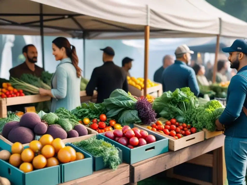 Un animado puesto de mercado con ingredientes sostenibles para asado en abundancia bajo el sol filtrado entre vegetales