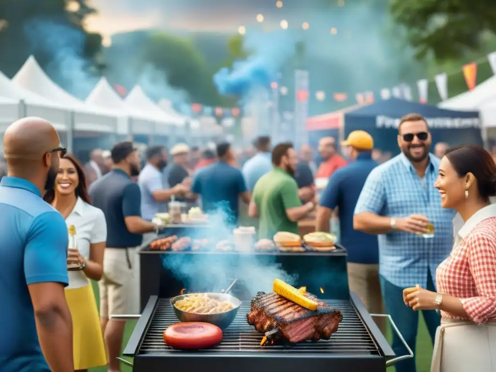 Un animado torneo de asado al aire libre con una comisión organizadora supervisando parrillas, participantes y marcas promocionales