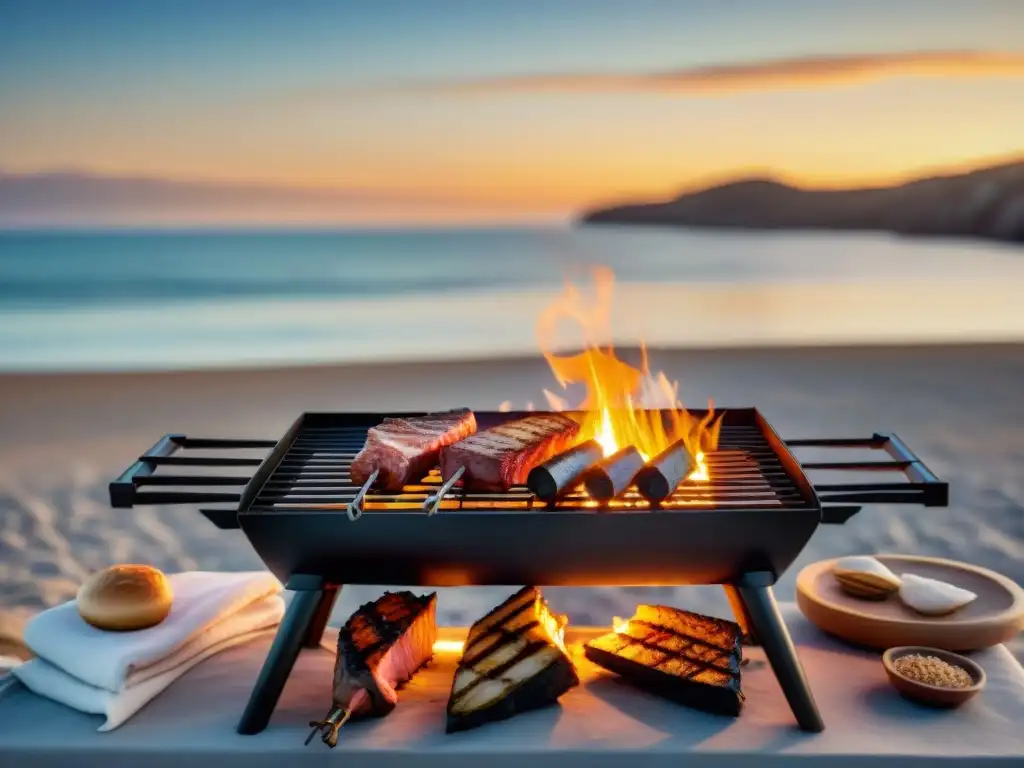 Un apacible atardecer en la playa con parrillas móviles para asado uruguayo, amigos riendo y disfrutando juntos