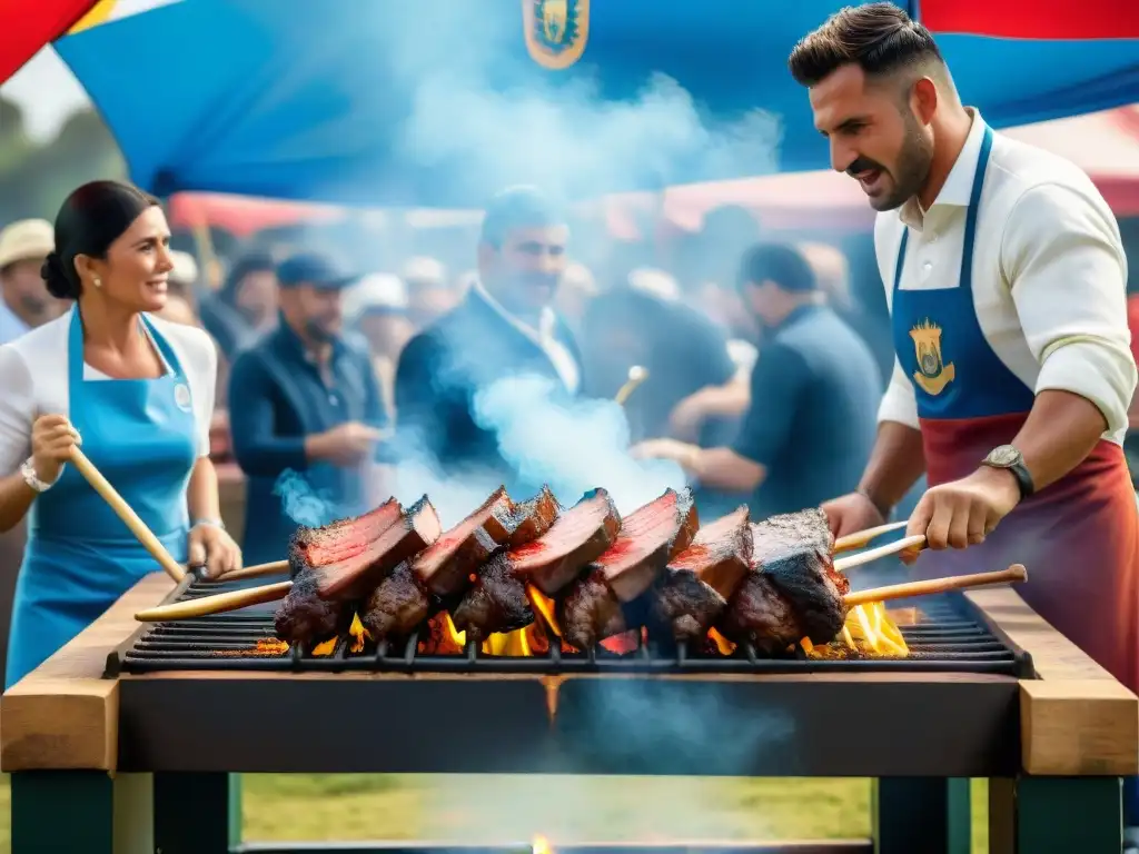 Apasionados maestros asadores compiten en el mundo del asado uruguayo, rodeados de emoción y destreza