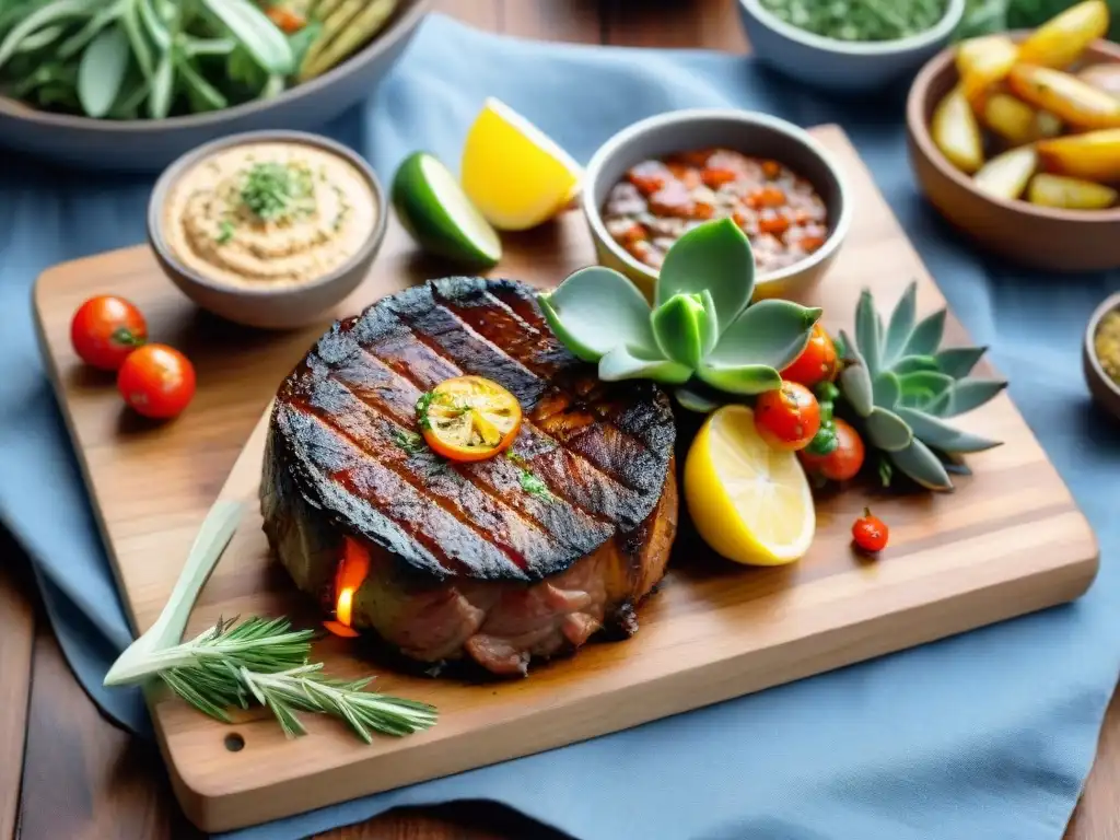 Una apetitosa paleta de asado económica, dorada y jugosa, rodeada de hierbas frescas y verduras a la parrilla