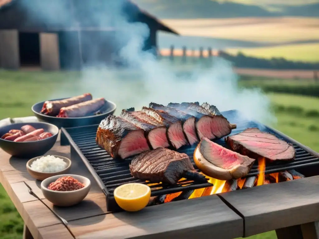 Un apetitoso asado uruguayo en el campo: carne de calidad asada a la parrilla por gauchos, con paisajes verdes y cielo azul