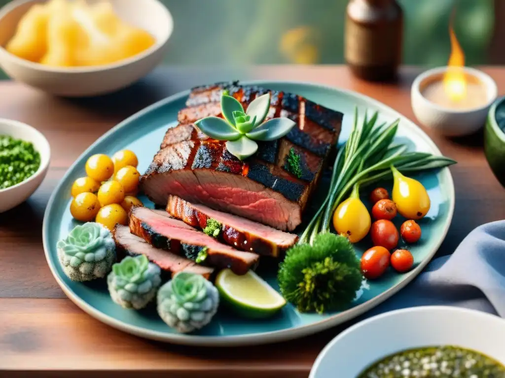 Un apetitoso asado uruguayo en una mesa rústica iluminado por la cálida luz del atardecer