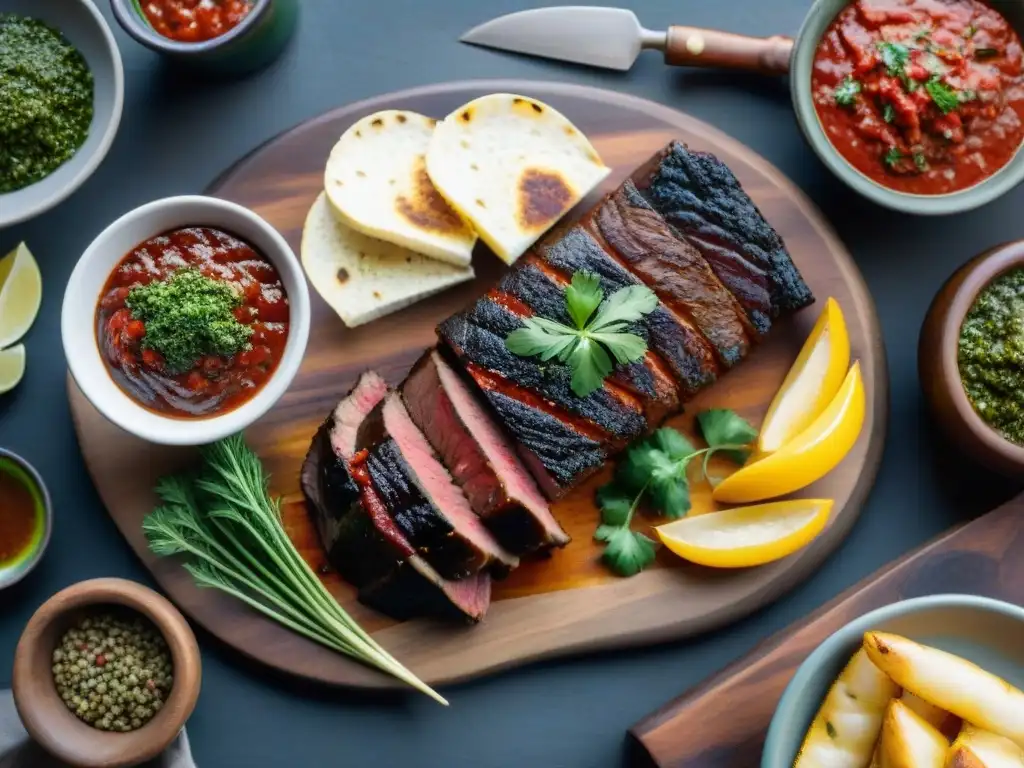 Un apetitoso asado uruguayo con salsas y vegetales al atardecer