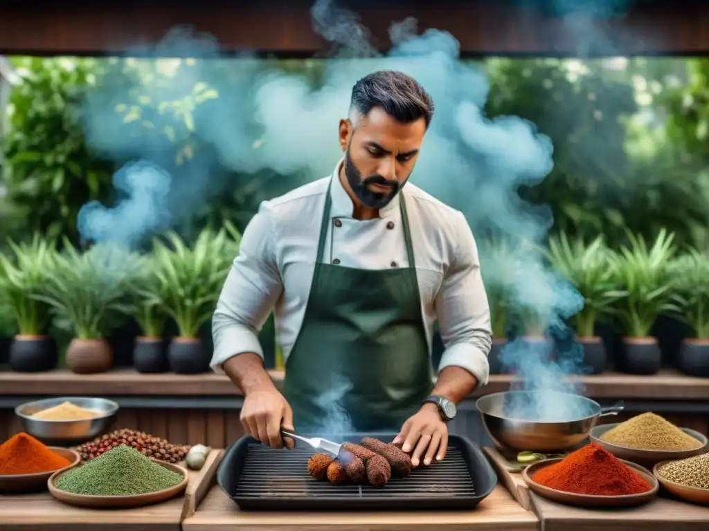 Un aprendiz de maestro de la parrilla rodeado de sabores del mundo en asado, listo para experimentar y elevar sus habilidades culinarias